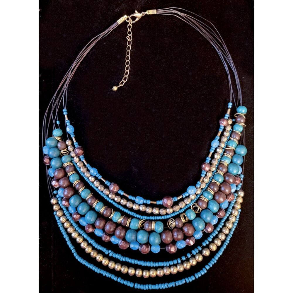 Blue & Turquoise Bead Multi Strand Statement Necklace